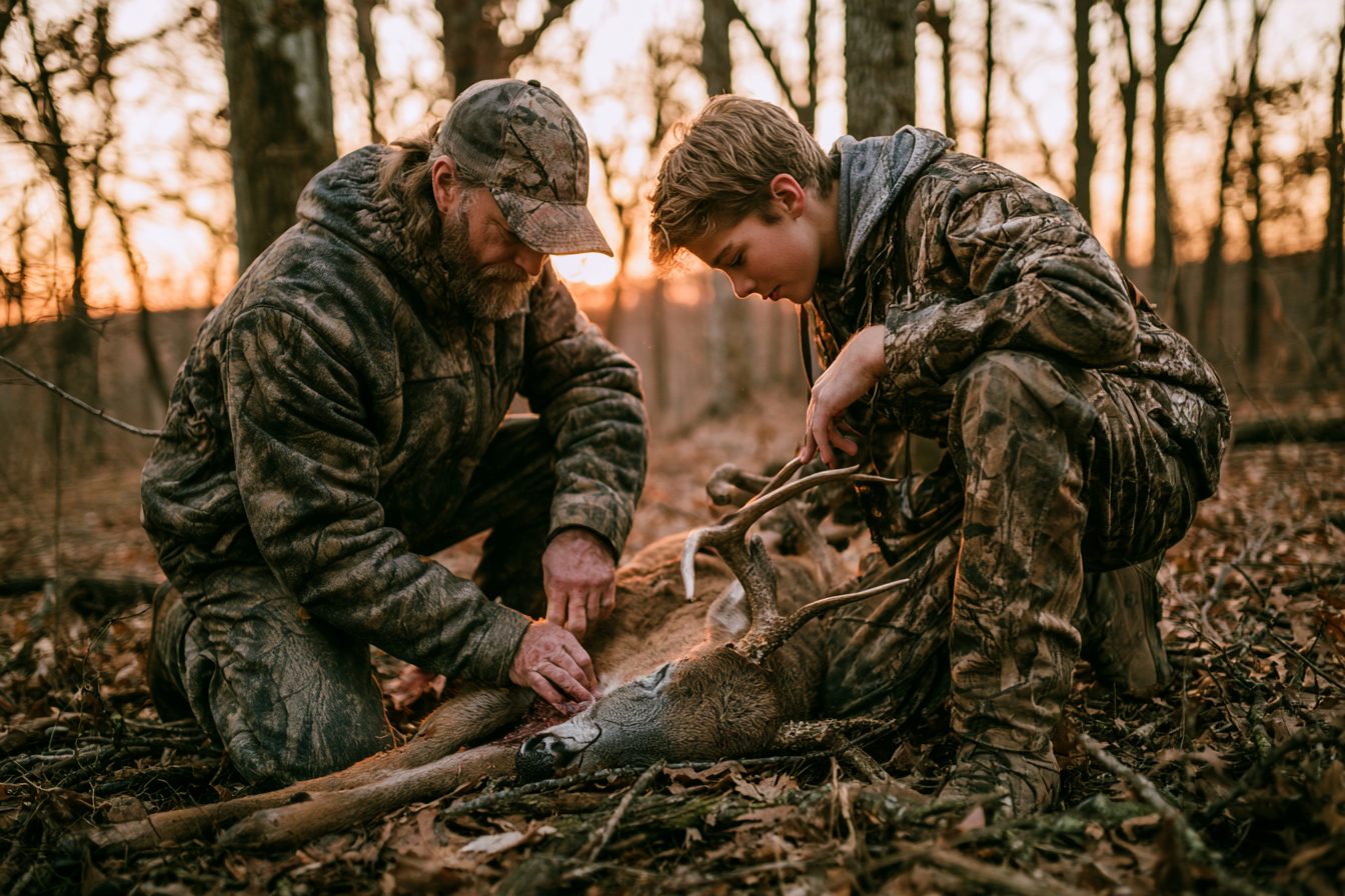 Father and son hunters at golden hour