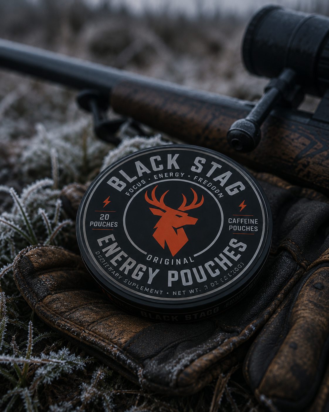 Black Stag Caffeine Fuel tin on frosted leather gloves with rifle
